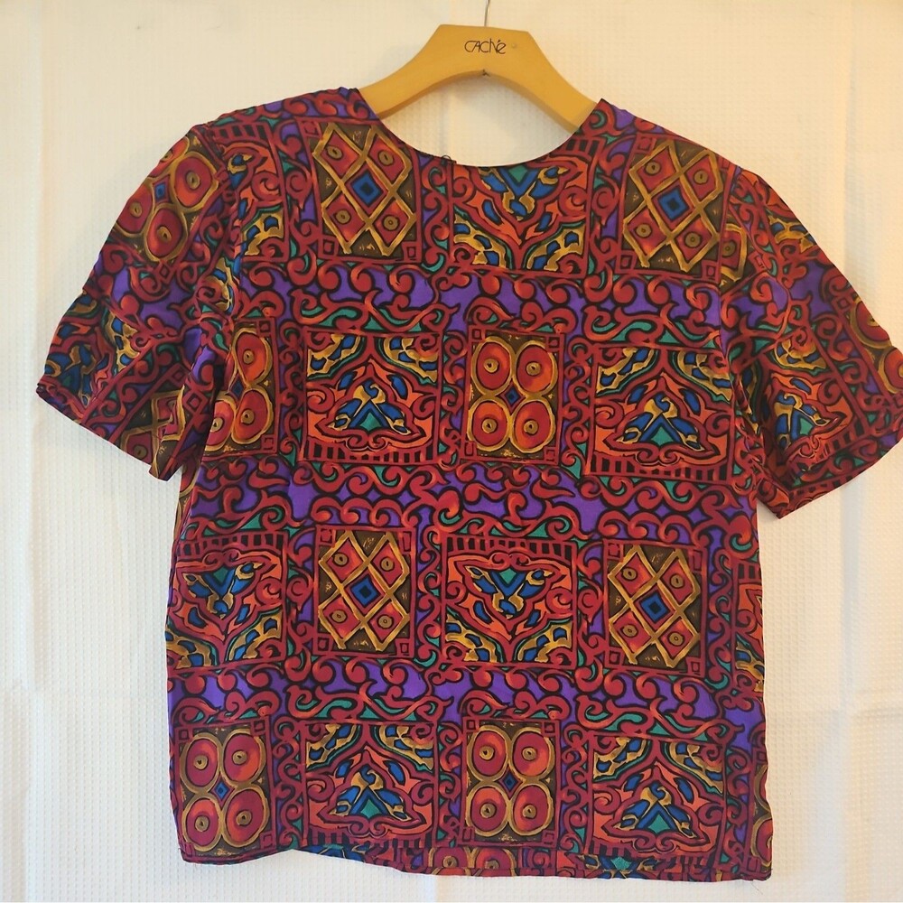 Christie & Jill (VTG S) Bold Jewel Tone Geometric Print 100% Silk Top